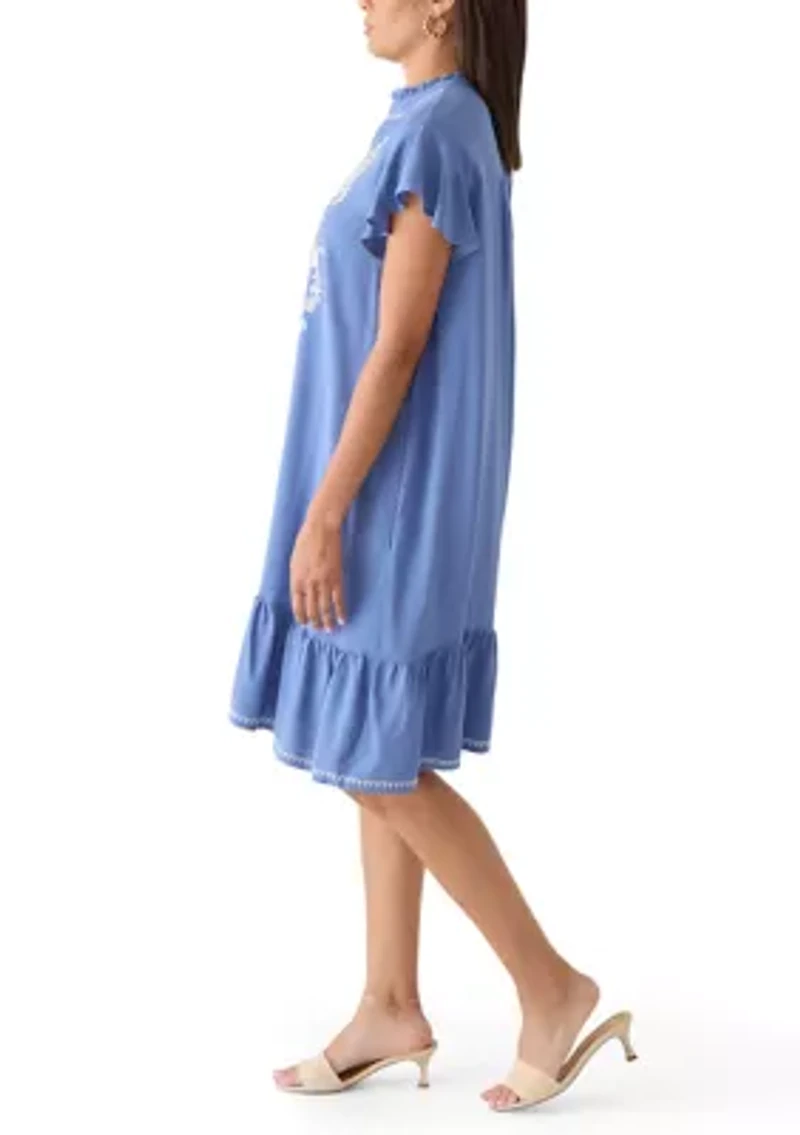 Women's Sleeveless Embroidered Flutter Mini Dress