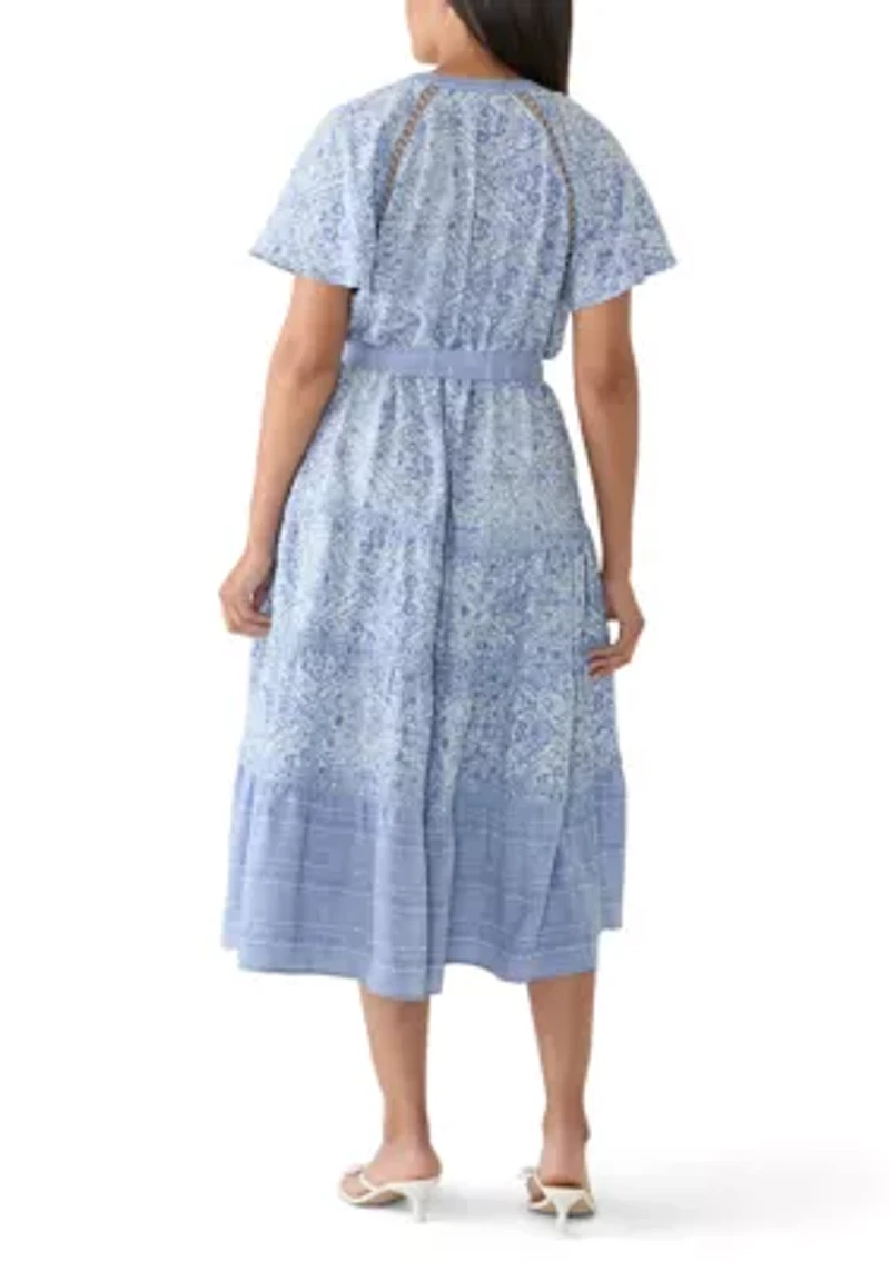 Women's Flutter Sleeve Belted Midi Dress