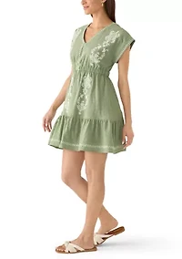 Women's Short Sleeve Embroidered V-Neck Dolman Mini Dress