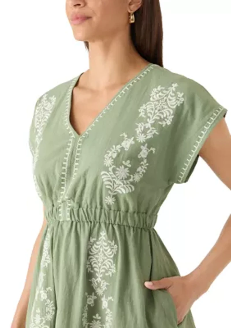 Women's Short Sleeve Embroidered V-Neck Dolman Mini Dress