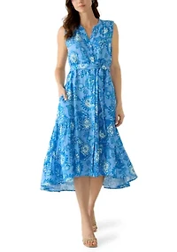 Women's Sleeveless Gauze Tiered Belted Midi Dress