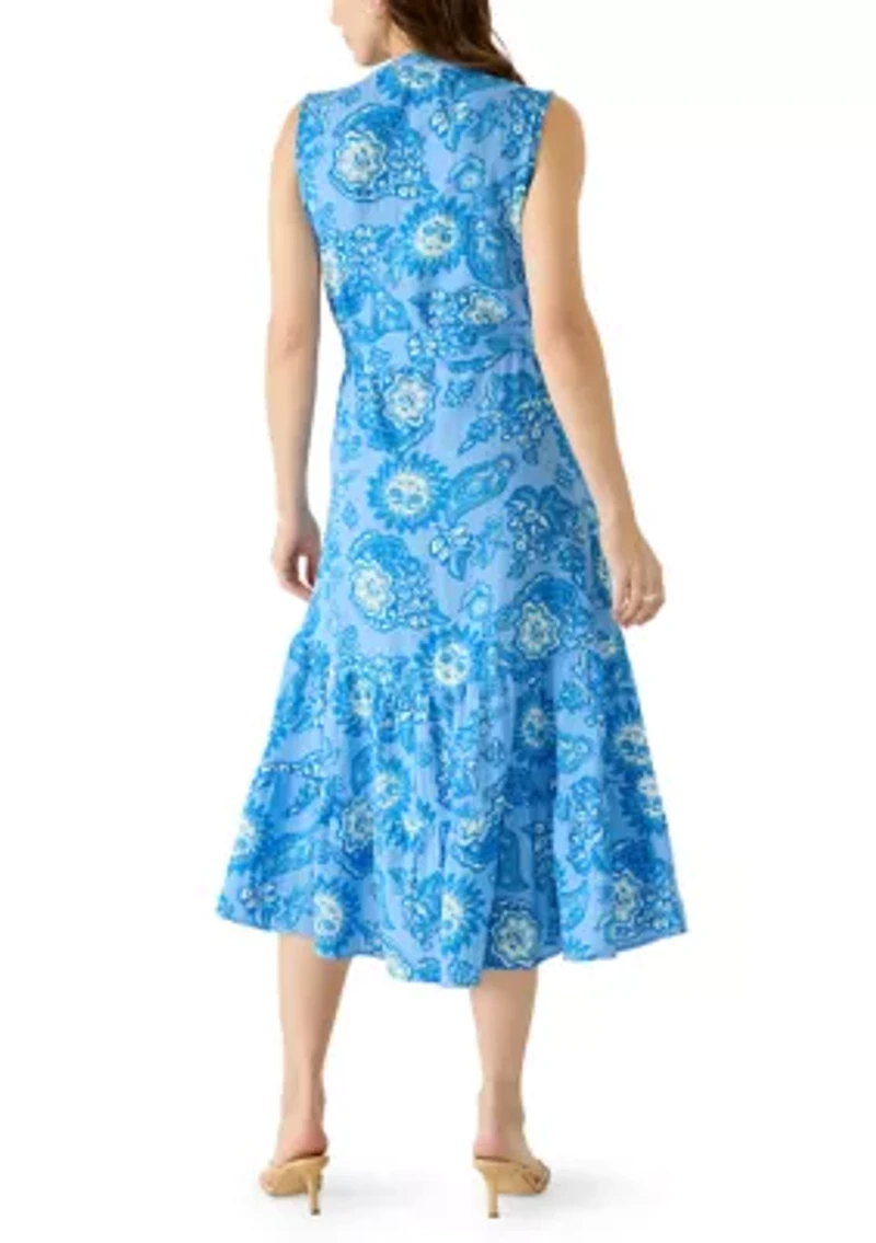 Women's Sleeveless Gauze Tiered Belted Midi Dress