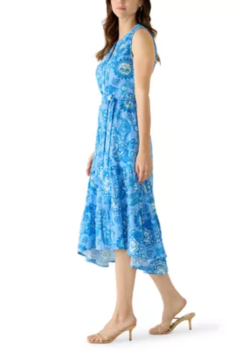 Women's Sleeveless Gauze Tiered Belted Midi Dress