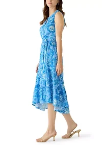 Women's Sleeveless Gauze Tiered Belted Midi Dress