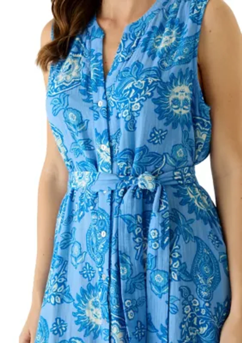 Women's Sleeveless Gauze Tiered Belted Midi Dress