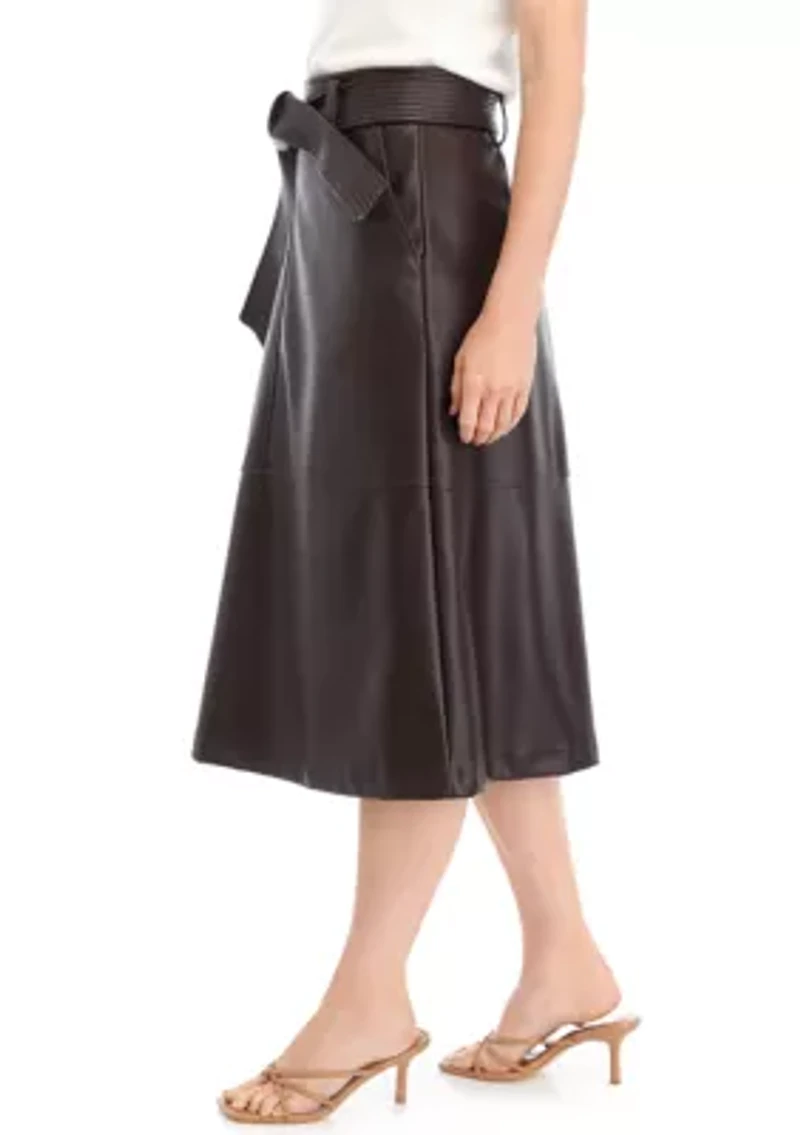 Women's Belted Vegan Leather Midi Dress