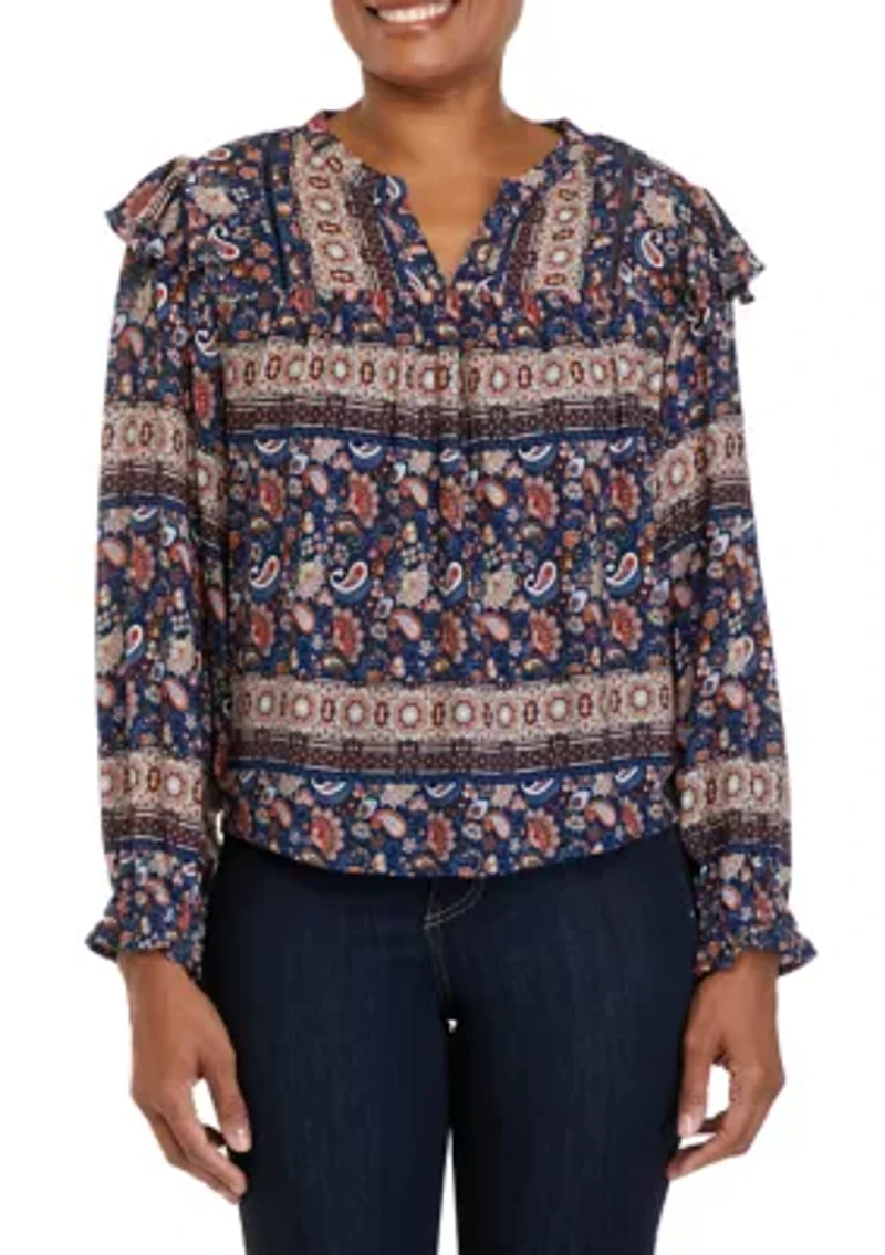 Petite Printed Split Neck Woven Top