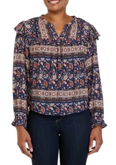 Petite Printed Split Neck Woven Top