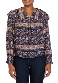 Petite Printed Split Neck Woven Top