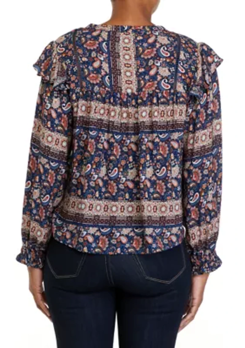 Petite Printed Split Neck Woven Top