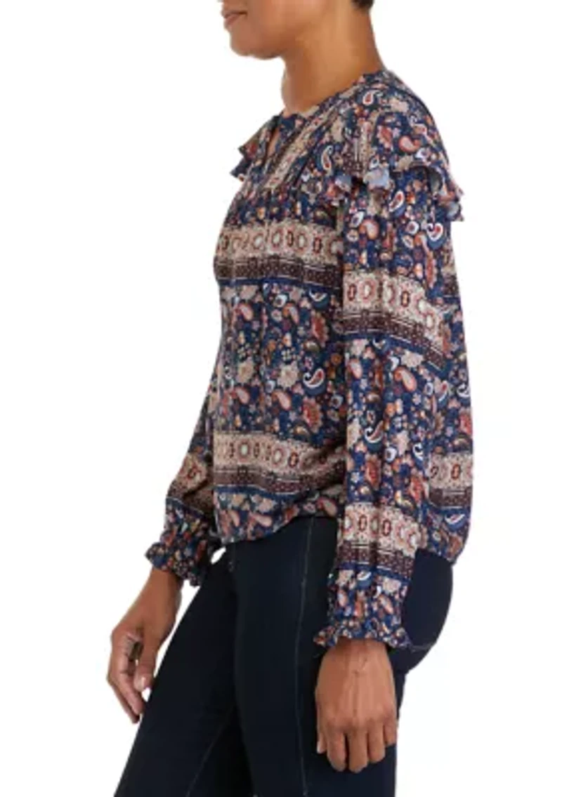 Petite Printed Split Neck Woven Top