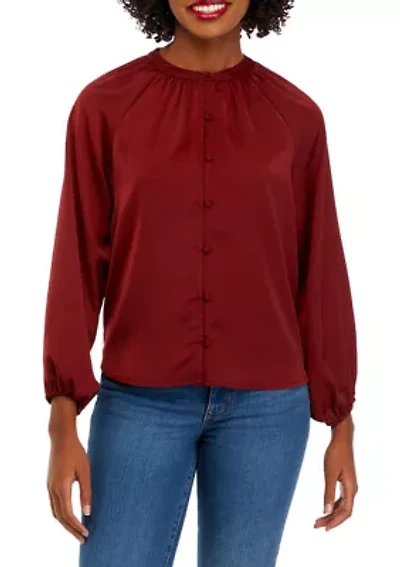 Petite Long Sleeve Satin Peasant Top