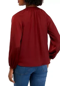 Petite Long Sleeve Satin Peasant Top