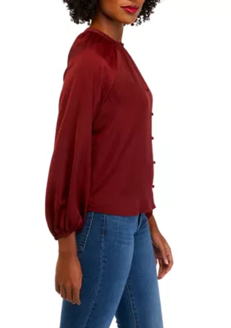 Petite Long Sleeve Satin Peasant Top