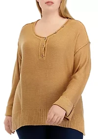 Plus Long Drop Shoulder Sleeve Henley Shirt