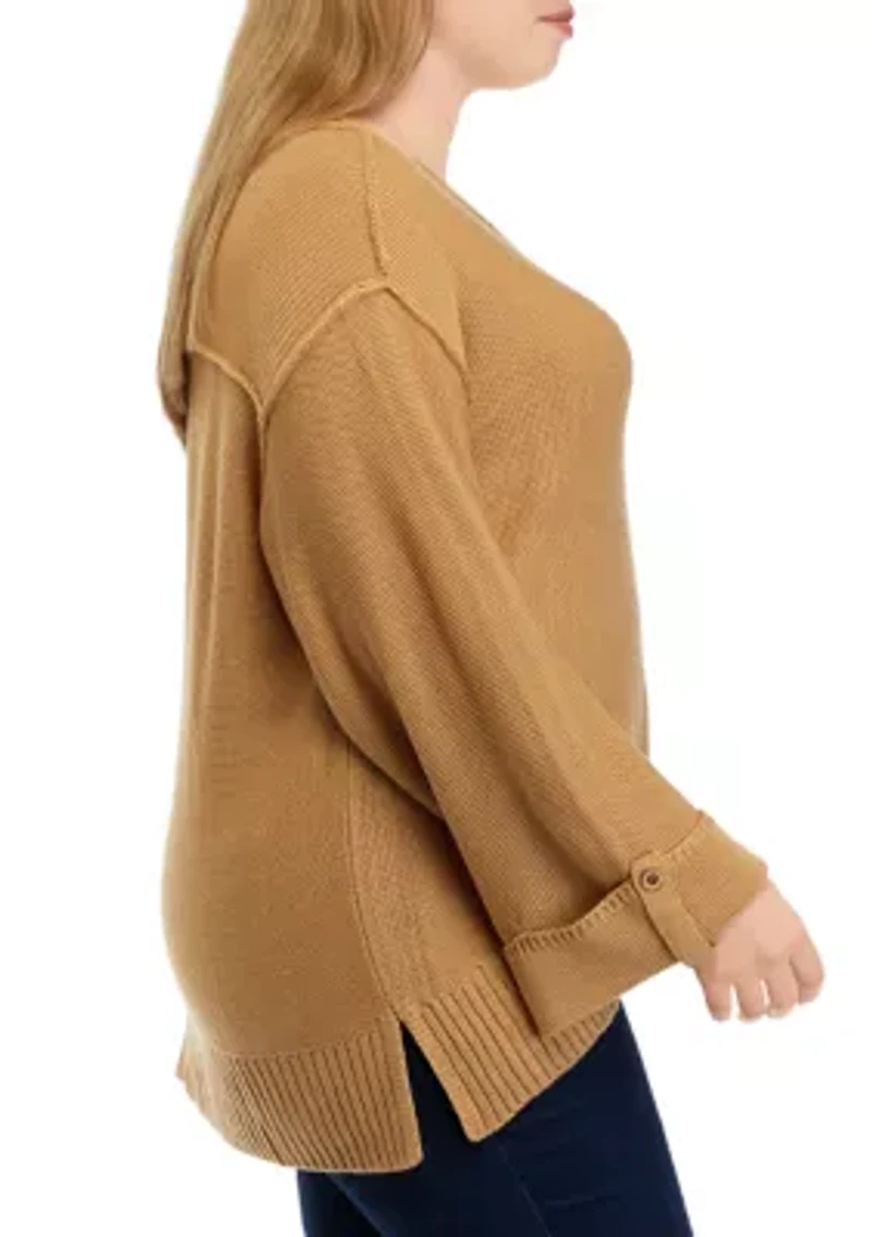 Plus Long Drop Shoulder Sleeve Henley Shirt