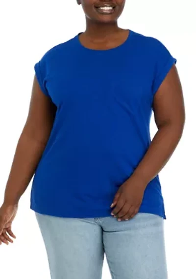 Plus Round Neck Short Sleeve Top with Left Chest Pocket