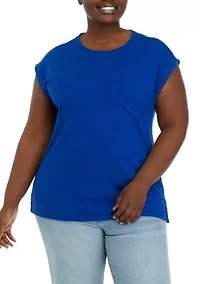 Plus Round Neck Short Sleeve Top with Left Chest Pocket