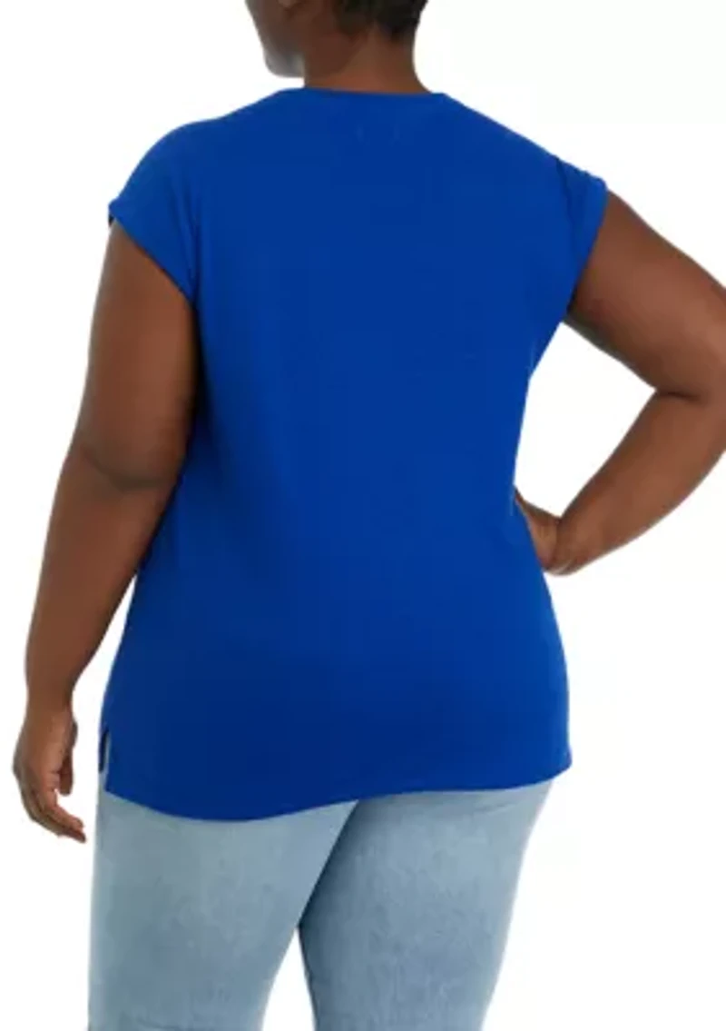 Plus Round Neck Short Sleeve Top with Left Chest Pocket