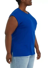 Plus Round Neck Short Sleeve Top with Left Chest Pocket