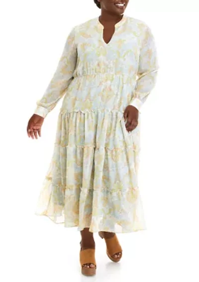 Plus Long Sleeve Printed Maxi Dress