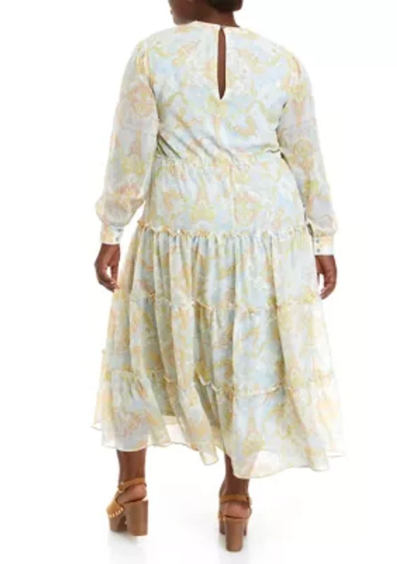 Plus Long Sleeve Printed Maxi Dress