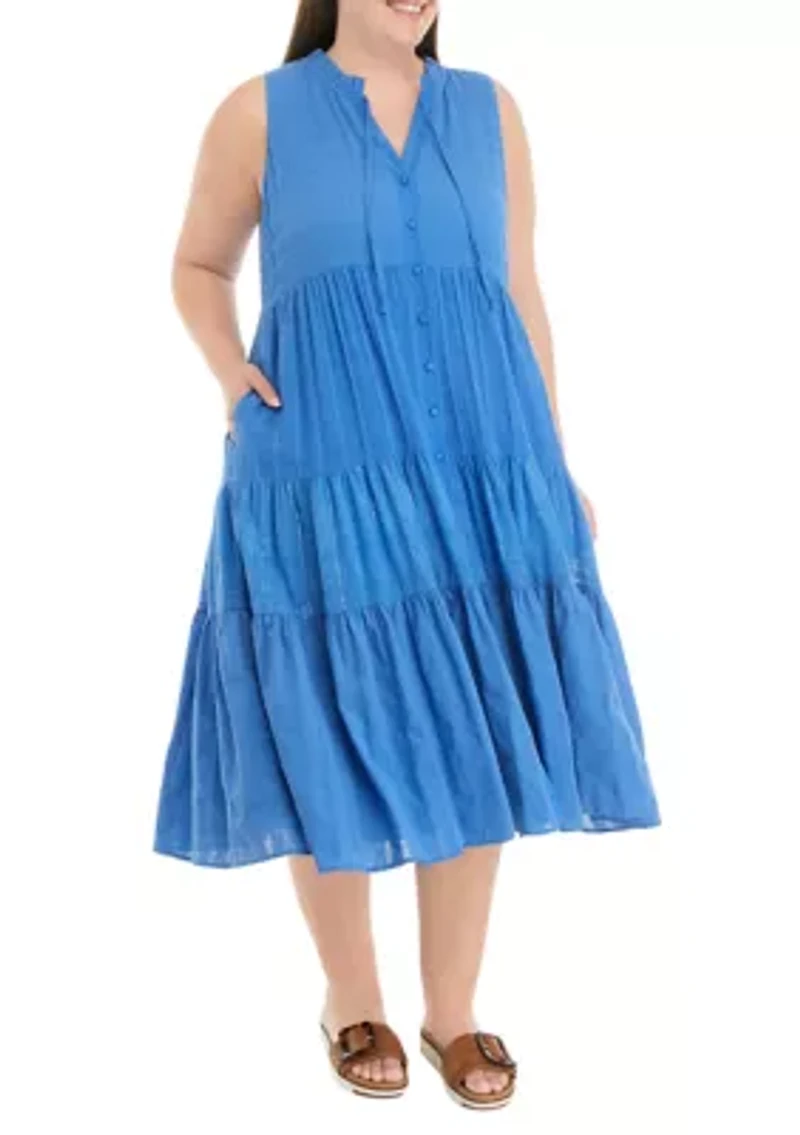Plus Tiered Button Front Midi Dress
