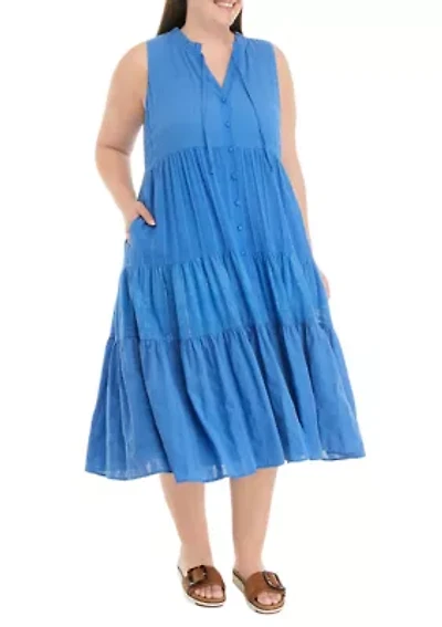 Plus Tiered Button Front Midi Dress