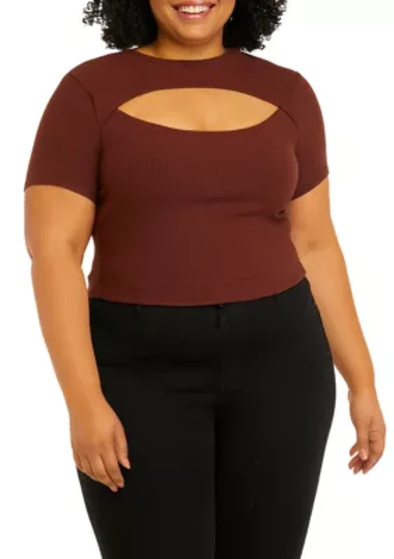 Short Sleeve Cut Out Chest Crew Neck Top - Missy and Plus Sizes