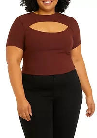 Short Sleeve Cut Out Chest Crew Neck Top - Missy and Plus Sizes