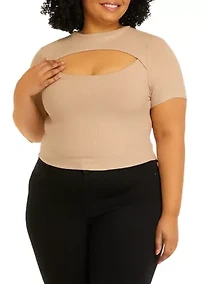 Short Sleeve Cut Out Chest Crew Neck Top - Missy and Plus Sizes