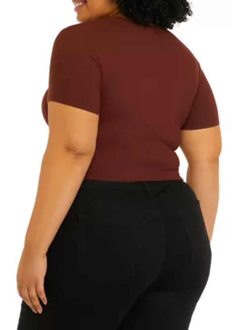 Short Sleeve Cut Out Chest Crew Neck Top - Missy and Plus Sizes