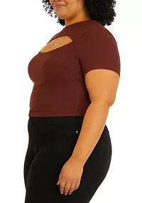 Short Sleeve Cut Out Chest Crew Neck Top - Missy and Plus Sizes