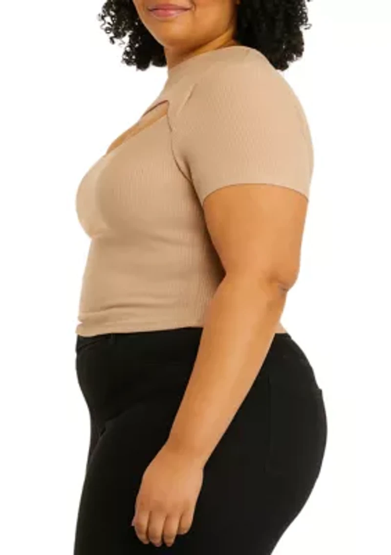 Short Sleeve Cut Out Chest Crew Neck Top - Missy and Plus Sizes