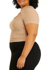 Short Sleeve Cut Out Chest Crew Neck Top - Missy and Plus Sizes