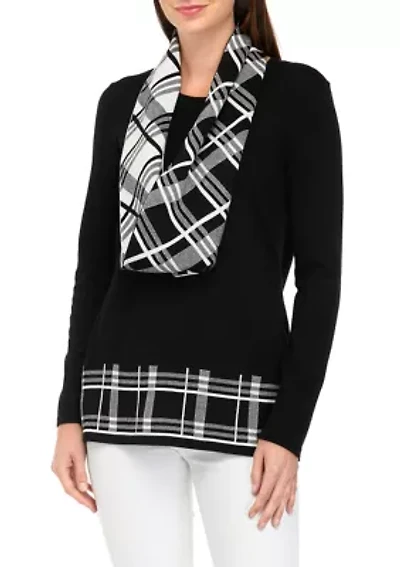 Petite Long Sleeve Sweater with Printed Scarf