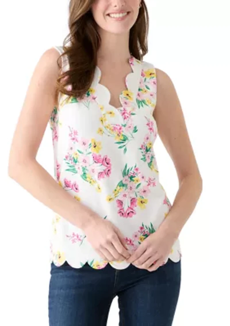 Women's Sleeveless Split Neck Scallop Hem Printed Blouse