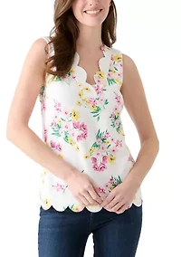 Women's Sleeveless Split Neck Scallop Hem Printed Blouse