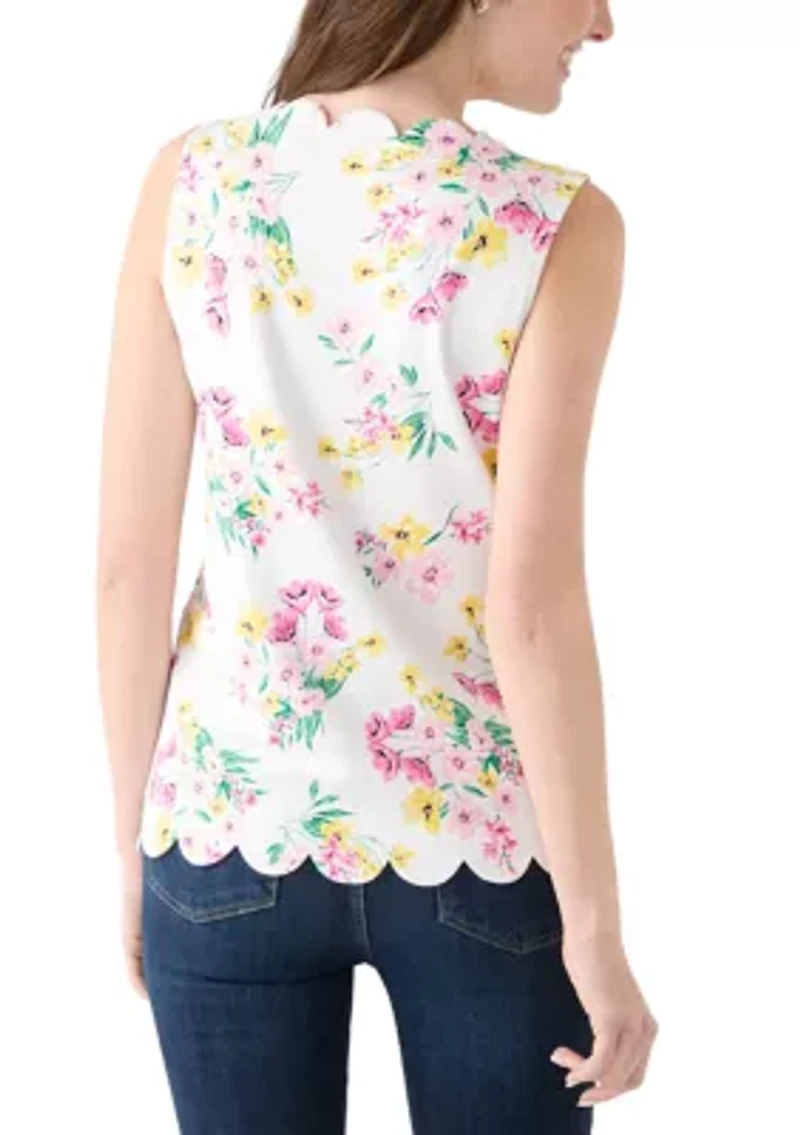 Women's Sleeveless Split Neck Scallop Hem Printed Blouse