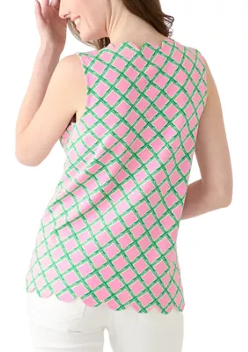 Women's Sleeveless Split Neck Scallop Hem Printed Blouse