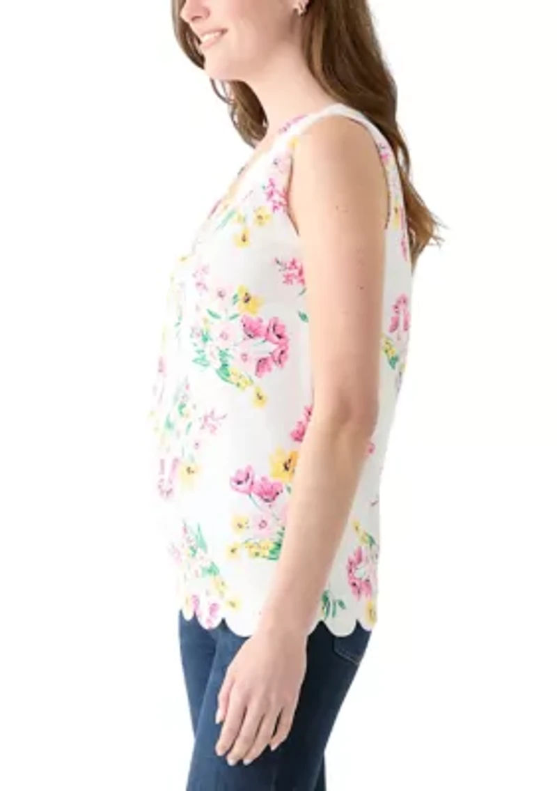 Women's Sleeveless Split Neck Scallop Hem Printed Blouse