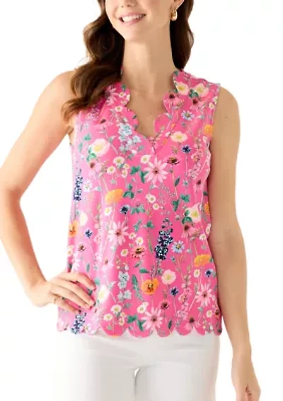 Women's Sleeveless Split Neck Scallop Hem Solid Blouse