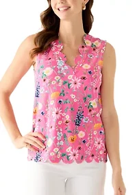 Women's Sleeveless Split Neck Scallop Hem Solid Blouse