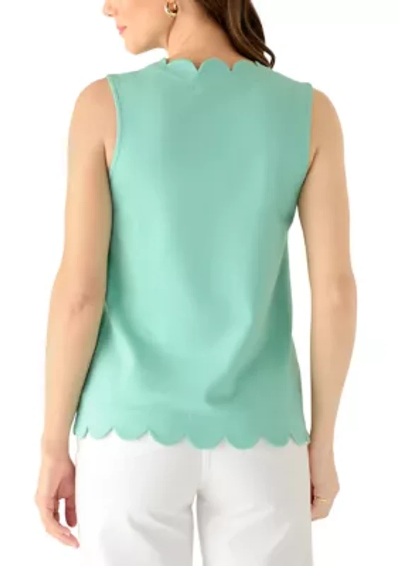 Women's Sleeveless Split Neck Scallop Hem Solid Blouse