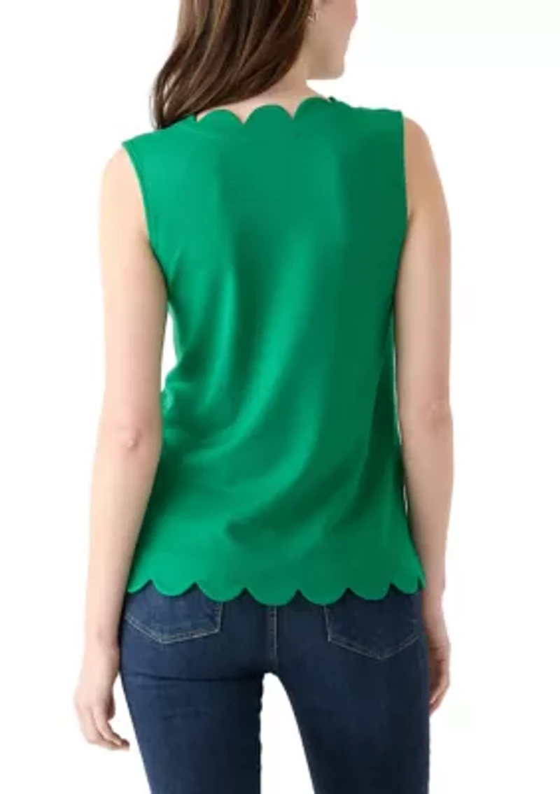 Women's Sleeveless Split Neck Scallop Hem Solid Blouse
