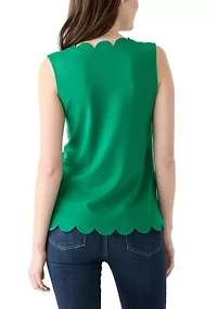 Women's Sleeveless Split Neck Scallop Hem Solid Blouse