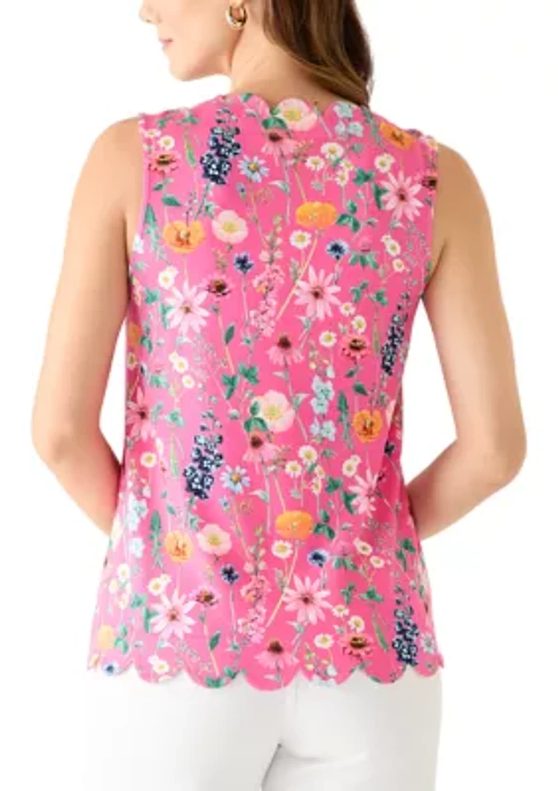 Women's Sleeveless Split Neck Scallop Hem Solid Blouse