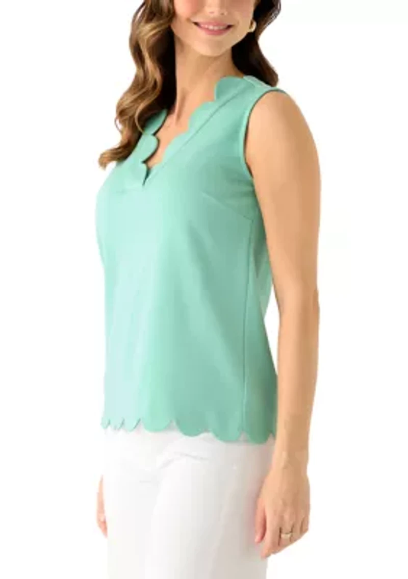 Women's Sleeveless Split Neck Scallop Hem Solid Blouse