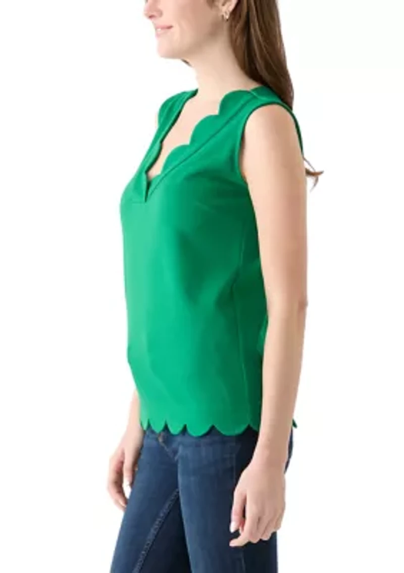Women's Sleeveless Split Neck Scallop Hem Solid Blouse