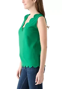 Women's Sleeveless Split Neck Scallop Hem Solid Blouse